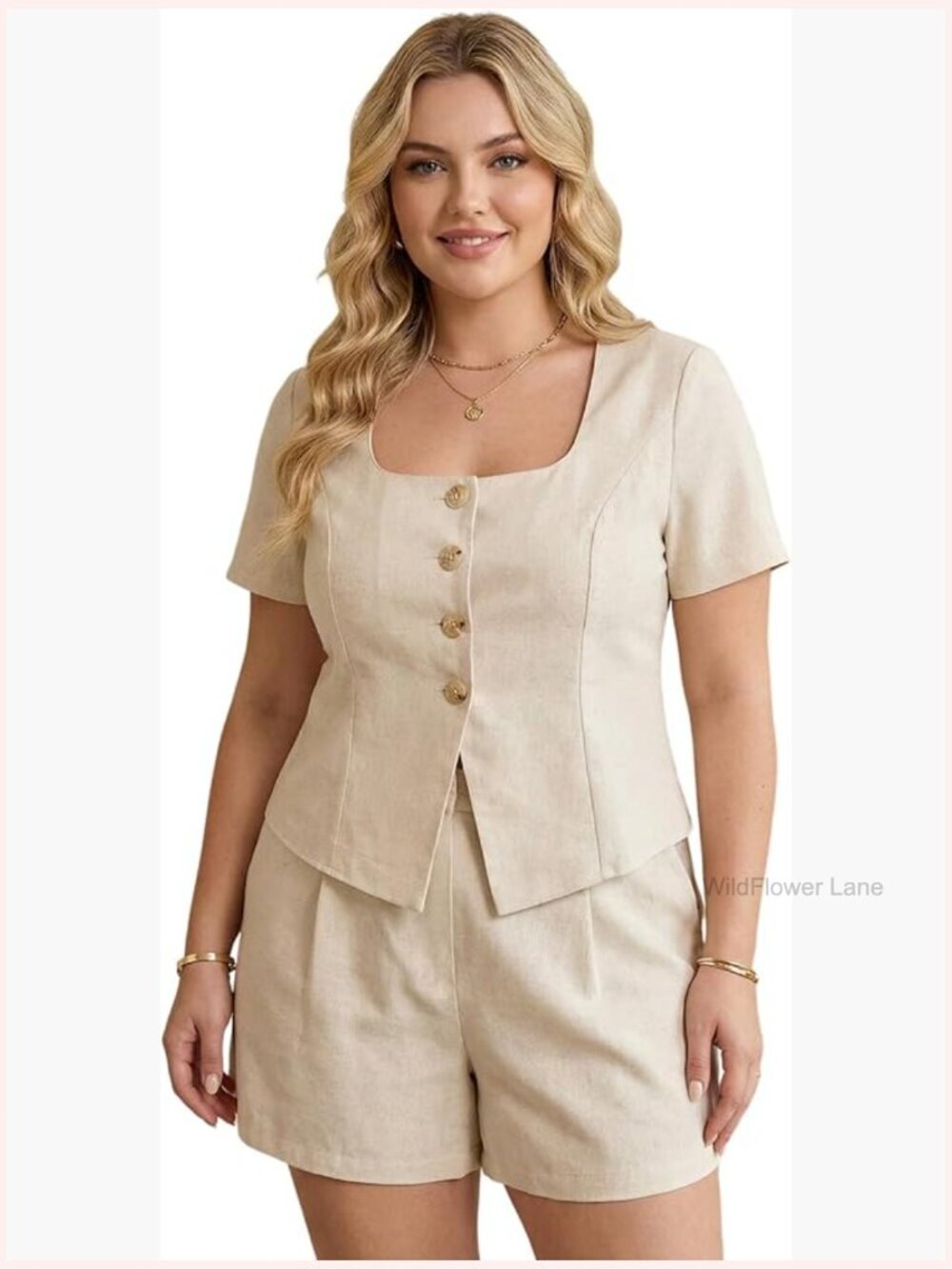 Plus Size 2 Piece Work Outfit Square Neck Blouse & Shorts Set